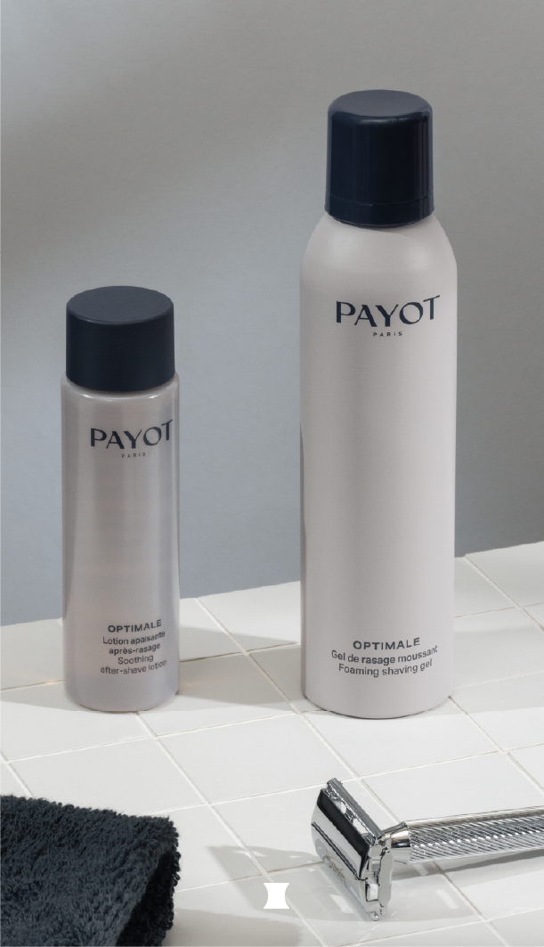 PAYOT Optimale pánska starostlivosť o pleť, voda po holení a pena na holenie v minimalistickom dizajne.